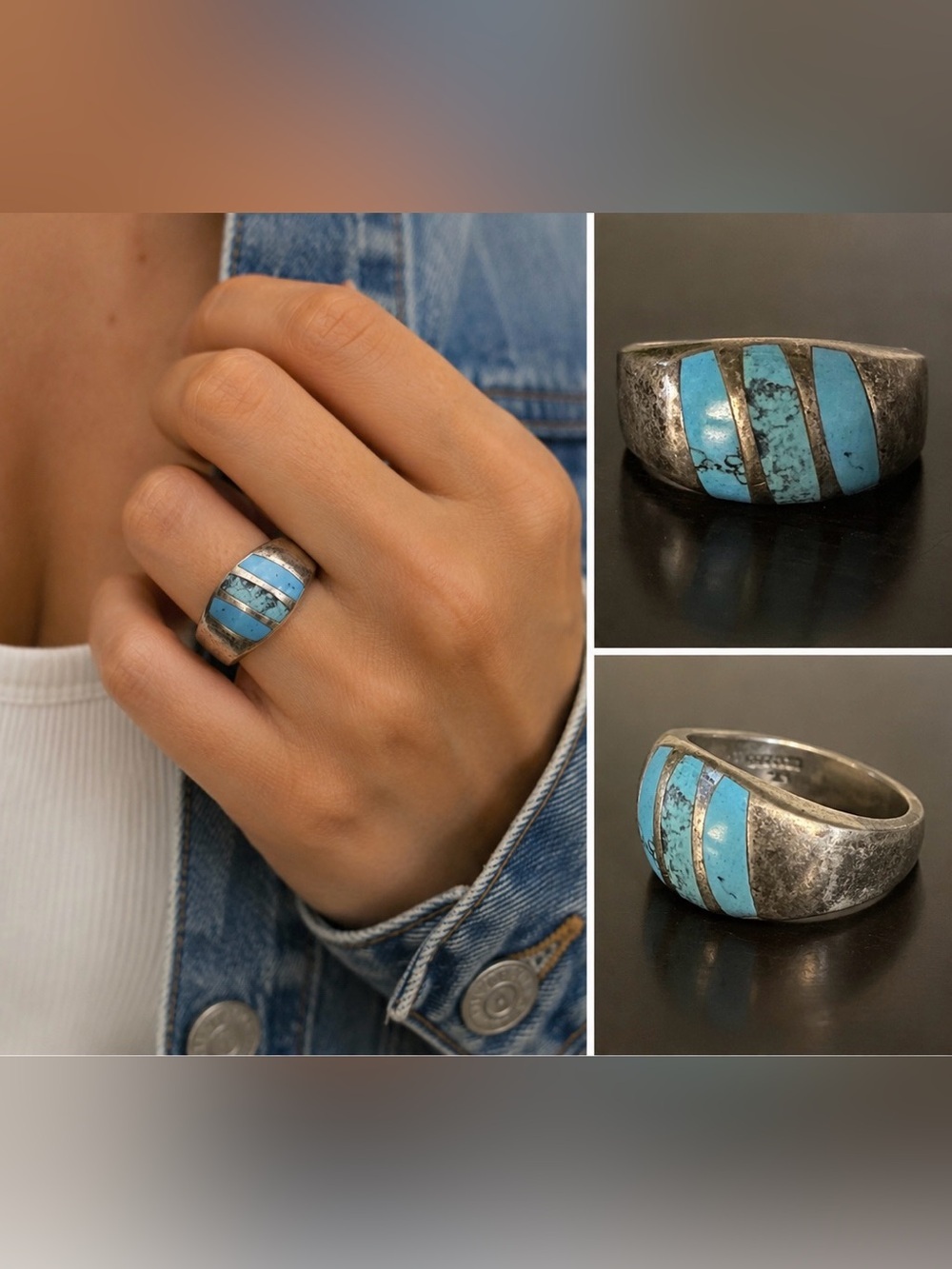 Vintage Taxco Mexico 925 Sterling Silver Turquoise Inlay Ring Size 11